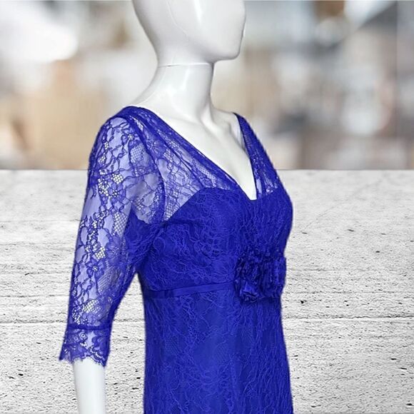 Rickie Freeman Blue Lace 3/4 Sleeve Long Dress Gown - Picture 5 of 8